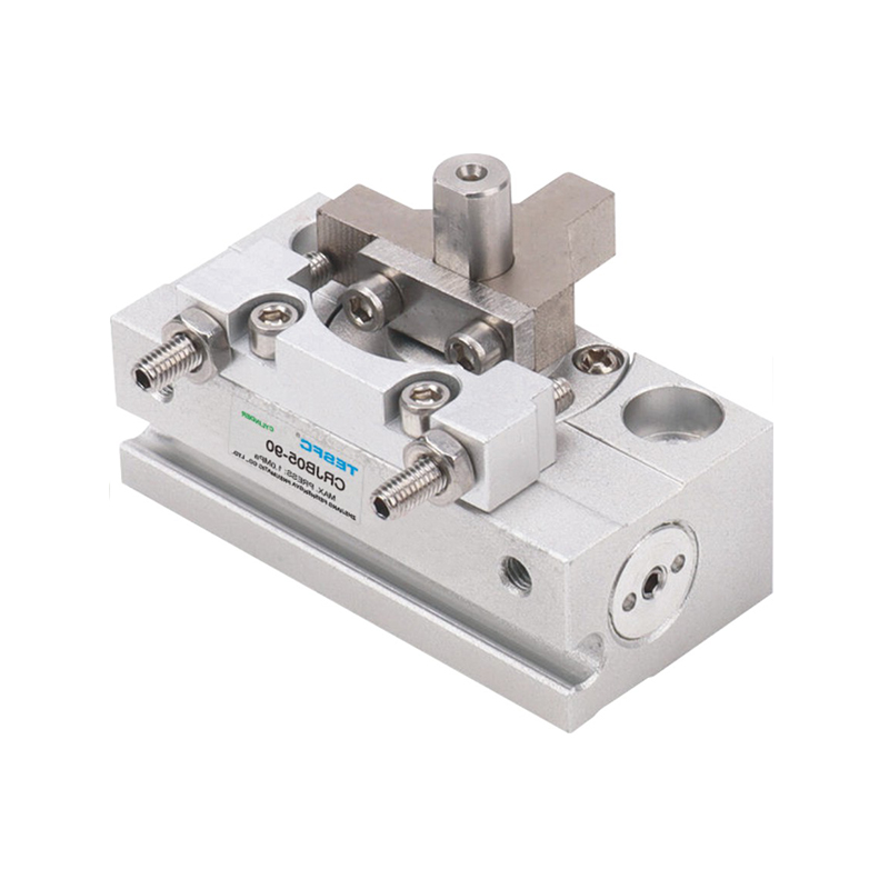 A compact silver pneumatic cylinder features a rectangular base, two front clamping blocks with exposed threaded fasteners, and a raised cylindrical swing mechanism at the top. Multiple hex-socket screws, mounting holes, and a circular side port are clearly visible, showing the detailed mechanical structure of the CRJ assembly.