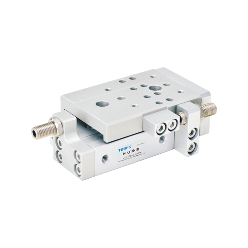 The HLQ cylinder features a compact aluminum body, dual parallel guide shafts, a precision sliding platform, mounting holes, and side ports for controlled linear motion.