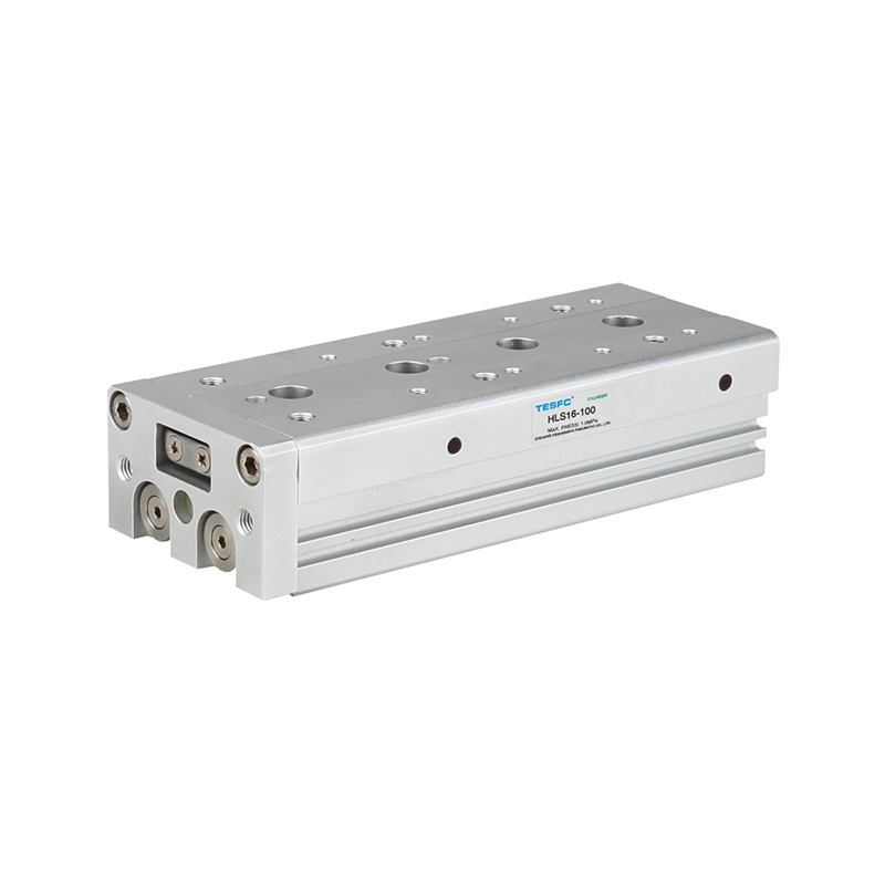 The HLS/HLSL air cylinder features a compact aluminum body, dual guide shafts, a precision sliding platform, mounting holes, and magnetic piston sensing for controlled linear motion.