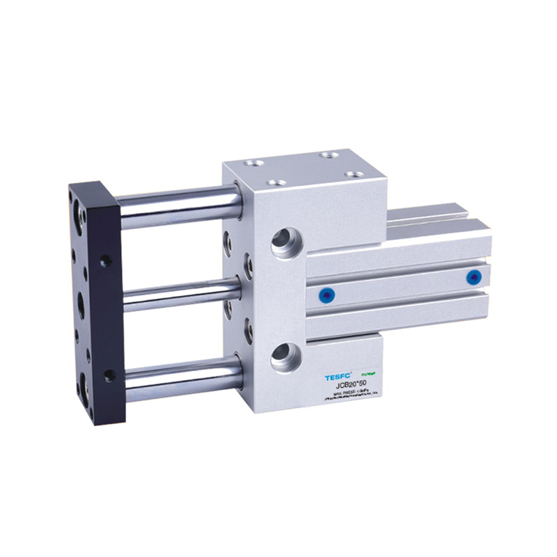 JCB slide air cylinder features three parallel guide rods, a wide sliding body, front mounting plate, and side pneumatic ports for guided linear movement.