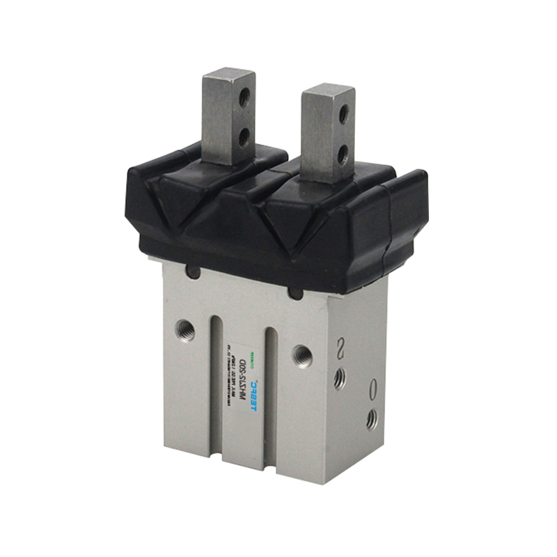 The complete MHZJ2 assembly combines a rectangular aluminum body with paired gripping jaws and upper mounting blocks for automated handling applications.