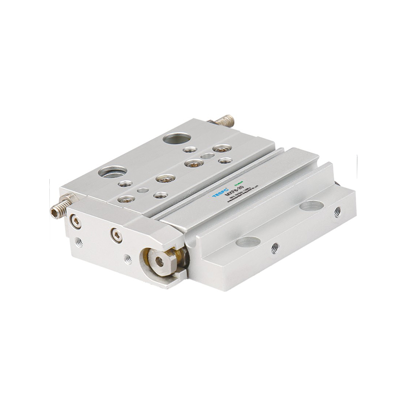 The image shows a compact MXF/HLF slide air cylinder with a flat aluminum body, upper sliding plate, mounting holes, threaded ports, and a visible front guide mechanism for precise linear motion.