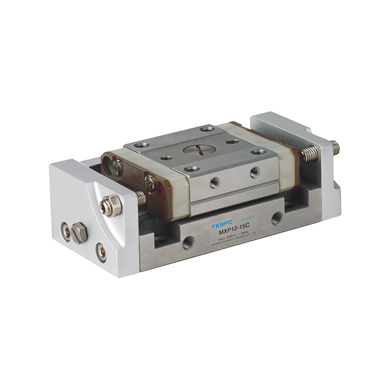 The MXP cylinder features a compact aluminum housing, precision slide platform, guide rail structure, mounting holes, and a magnetic switch rail for position sensing.