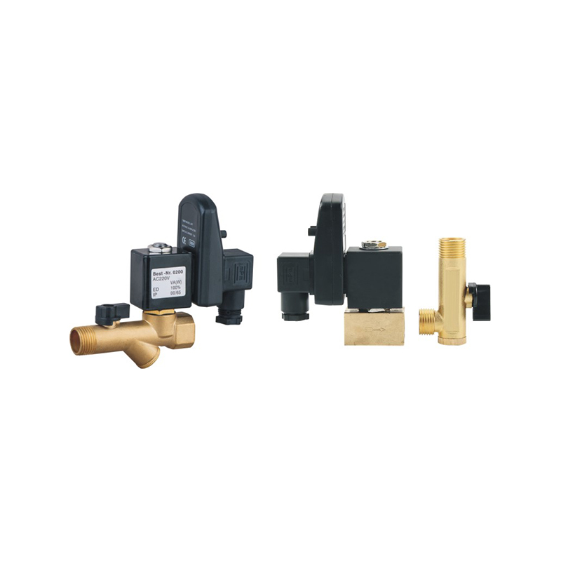The image shows the OPT-A/B drainage solenoid valve with a brass valve body, black electronic coil, threaded ports, and compact control structure for automatic drainage applications.