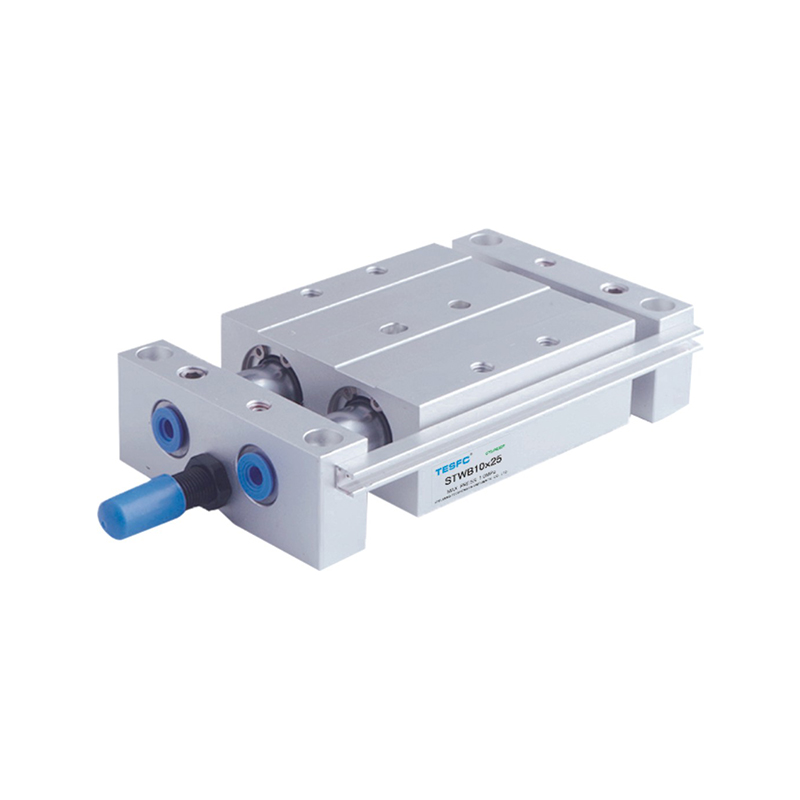 STW pneumatic cylinder has a wide rectangular slide body with two parallel shafts and multiple mounting holes, designed for compact linear motion applications.